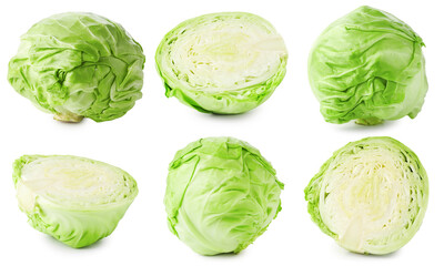 Fototapeta premium Fresh cabbage isolated on white, set. Whole and sliced