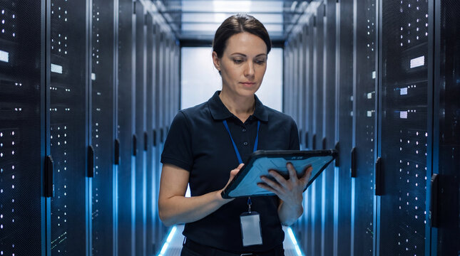 Focused female engineer checking server infra K with tablet, showing concentrated expression while monitoring data center cloud system