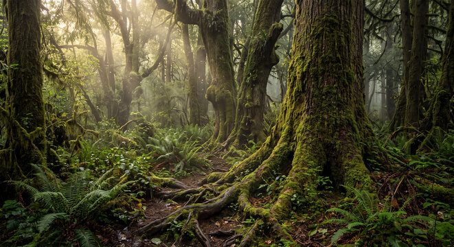 mysterious ancient forest with enormous trees dense moss