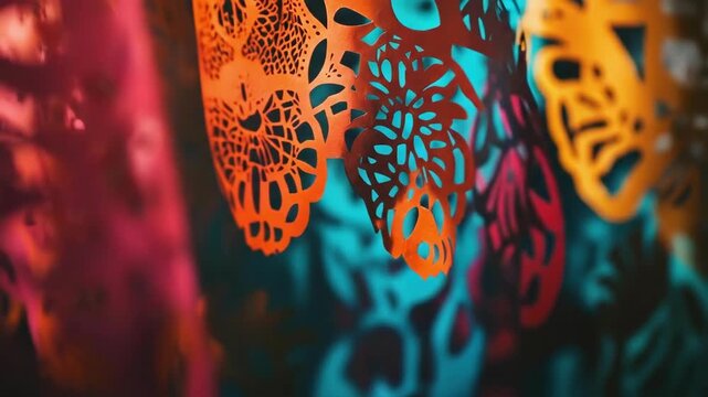 Colorful abstract paper cutouts with intricate patterns casting shadows. Cinco de Mayo, Battle of Puebla Day, Mexican Heritage Festival - Latin American Cultural Celebration