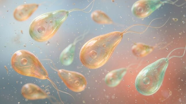 Giardia protozoa swimming in water with motion blur and soft bokeh background during microscopic view