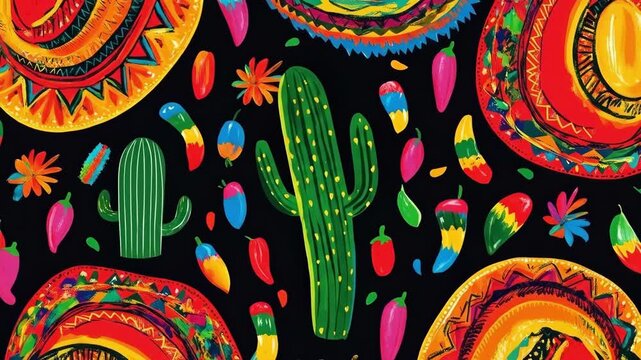 Colorful mexican fiesta pattern with cacti and sombreros on black background. Cinco de Mayo, Battle of Puebla Day, Mexican Heritage Festival - Latin American Cultural Celebration