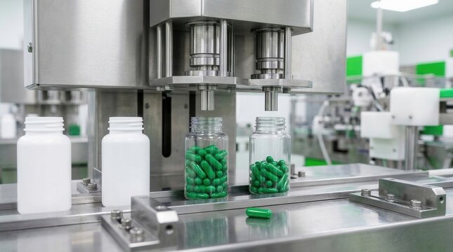 Green capsules being filled into clear bottles on a modern pharmaceutical production line with stainless steel machinery