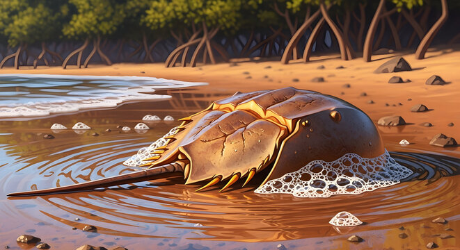 Horseshoe crab crawling on muddy shore with mangrove forest background, living fossil prehistoric marine arthropod illustration