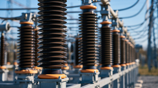 High-voltage insulators stand at an electrical substation under a clear sky. Concept for energy infrastructure and power grid reliability.