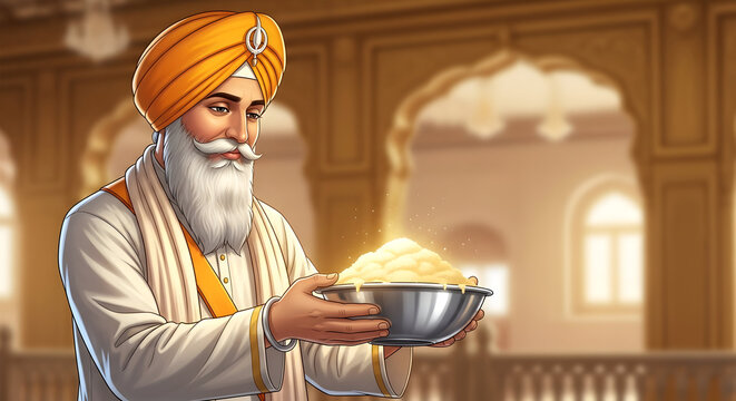 Sikh man in turban holding bowl of holy Karah Parshad food at Gurdwara, Sikhism religion and temple tradition illustration