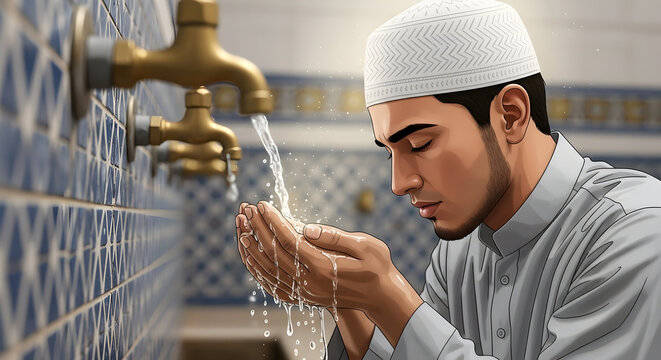 Muslim man performing Wudu ritual ablution with water at mosque, Islamic prayer preparation and purification concept