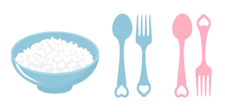 Cute rice bowl and tableware collection featuring steamed white rice, spoons, and forks with heart shaped handles in pastel blue and pink flat vector style for kitchen decor, menus and stickers.