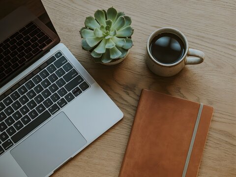 Modern workspace desk top view with laptop computer notebook succulent