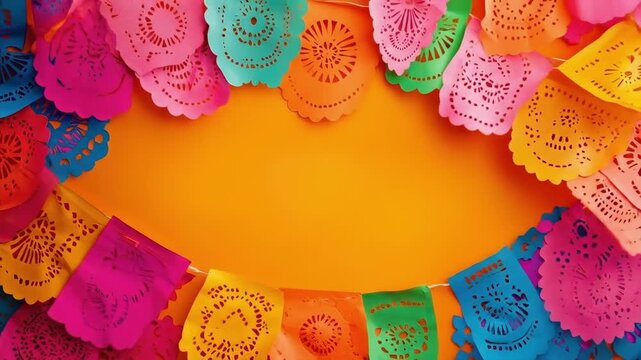 Colorful papel picado banner with intricate designs against vibrant orange background. Cinco de Mayo, Battle of Puebla Day, Mexican Heritage Festival - Latin American Cultural Celebration