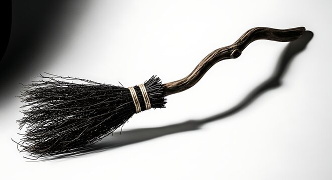 A rustic wooden broom with black bristles lying with displays rustic handmade