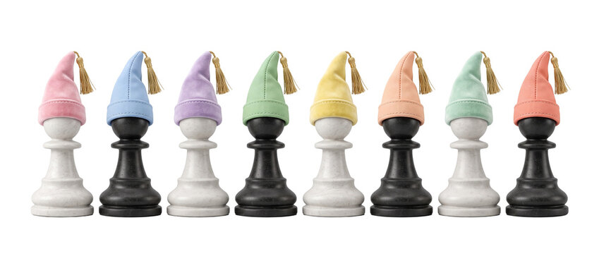 Chess pawn pieces wearing pastel nightcaps with gold tassels in a row on black background, creative game strategy, diversity, team alignment, and sleep concept illustration design for graphics.