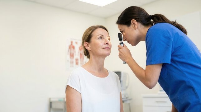 Ophthalmologist examining patient's eye with ophthalmoscope during medical exam in clinic