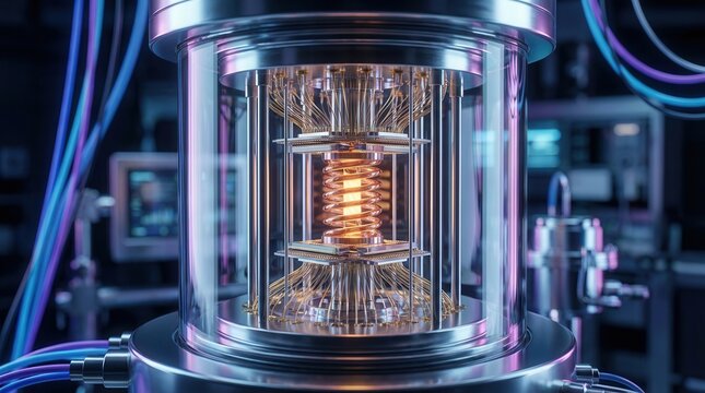 Quantum computer core glowing with internal light amidst complex circuitry and digital displays in a laboratory setting