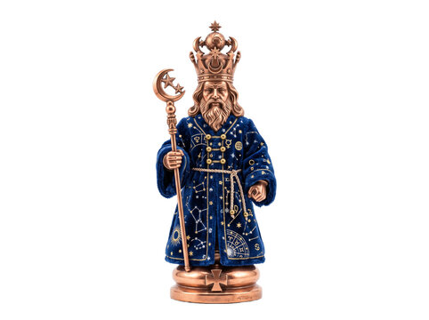 Bronze wizard king statue holding moon staff in embroidered celestial velvet robe standing isolated on black background, mystical sorcerer figurine for fantasy, magic, astrology and horoscope design.