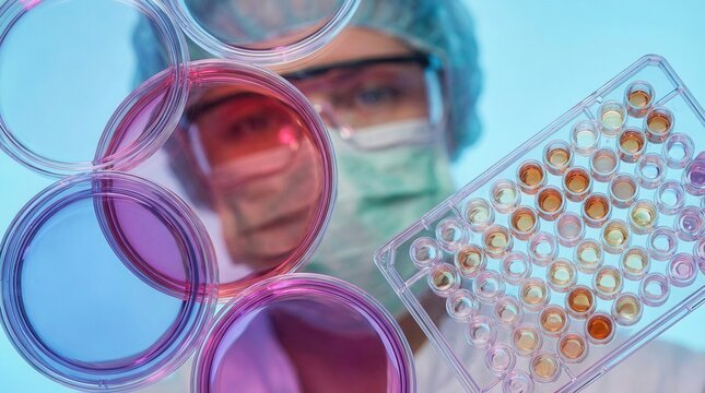 Scientist with colorful petri dishes and microplate during laboratory research with blue background