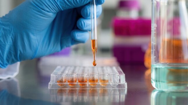 Scientist's gloved hand adds liquid sample to well plate during laboratory research with bokeh background