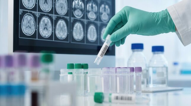 Scientist's gloved hand holds vial with specimen against brain scan display and lab equipment during research