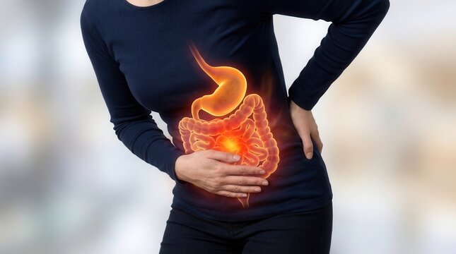 Woman with stomach ache showing glowing digestive system with abdominal pain during medical examination
