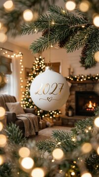 New Year Celebration. White Christmas ornament with 2027 inscription hanging on a fir branch in a cozy living room, festive holiday season greeting background.
