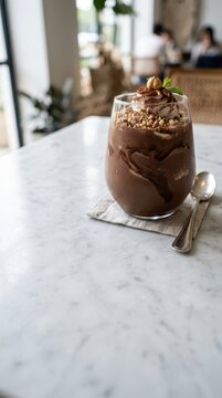 Decadent Chocolate Shake. Chocolate milkshake in a glass with whipped cream and hazelnuts, served on a marble table in a cafe, perfect for National Chocolate Milkshake Day celebrations.