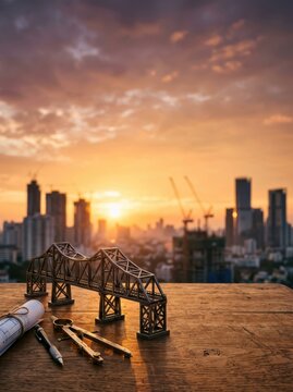 Metal bridge model with architectural blueprints and drafting tools on a wooden desk overlooking a construction site at sunset for civil engineering planning