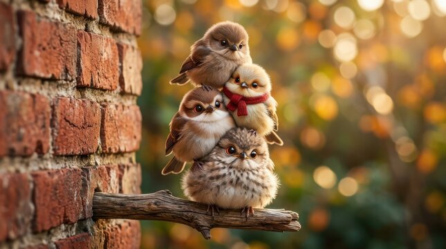 A stack of four cute fluffy birds perched on a tree branch against a rustic brick wall for seasonal greeting cards and nature themed decorative prints