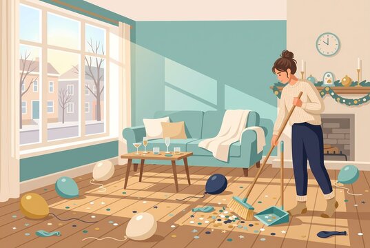 woman cleaning living room morning after new years eve party flat illustration - ai generated