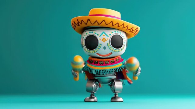 Cheerful robot celebrating with mexican hat and maracas on turquoise background. Cinco de Mayo, Battle of Puebla Day, Mexican Heritage Festival - Latin American Cultural Celebration