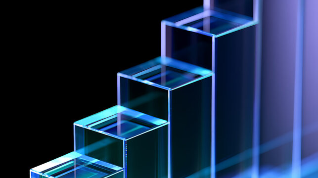 Abstract Transparent Glass Steps on Dark Background Represent Growth, Progress, and Business Success, Futuristic Design