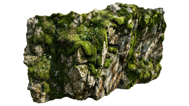 Large mossy stone rock formation with green vegetation isolated on a transparent background for creative landscape design projects