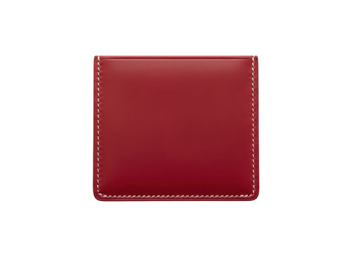 Small red square leather wallet with stitching isolated on transparent background