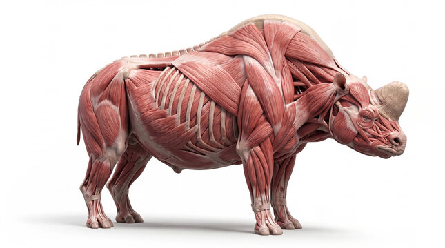 Elasmotherium sibiricum muscular anatomy view, detailed musculature of the giant prehistoric rhinoceros with skin removed, showing major muscle groups and anatomical structure on white background