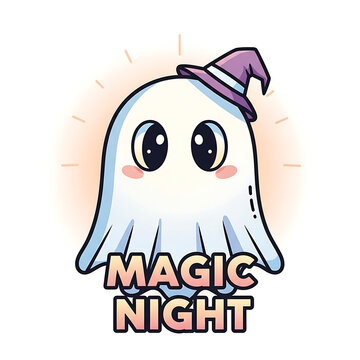 Cute ghost wearing a witch hat with 'Magic Night' text during a soft glow for Halloween celebration