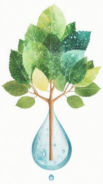 Tree with Leaves and Water Droplets Symbolizing Growth and Nature