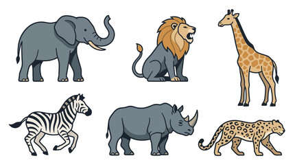 Obraz premium Collection of wild safari animals including elephant lion giraffe zebra rhinoceros and leopard in a cartoon style