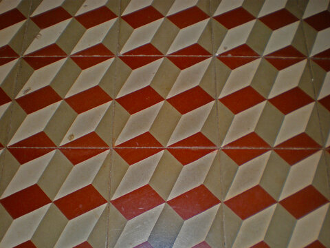 Vintage 3D Geometric Floor Tiles Pattern with Red and Beige Rhombus Shapes, Traditional Hydraulic Cement Tile Texture with Optical Illusion Cube Effect, Retro Interior Design Background Concept