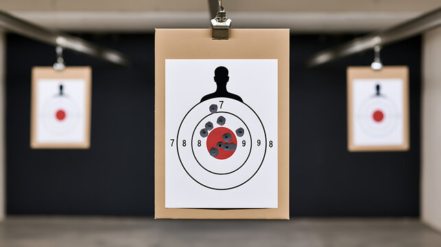 Target practice in an indoor range with multiple paper human-silhouette targets showing bullet holes, focus on accuracy