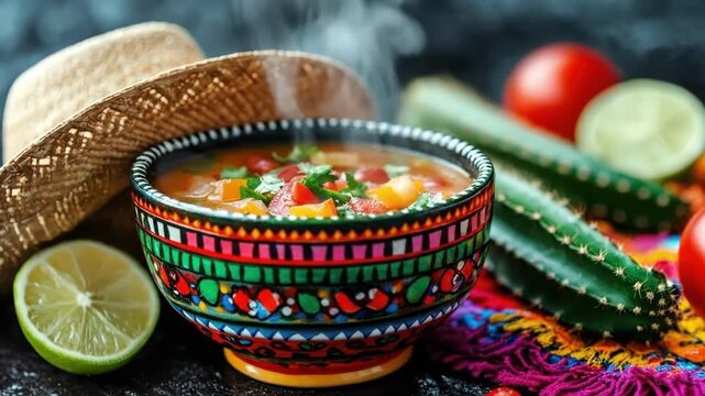 Vibrant mexican soup in colorful bowl with fresh ingredients and sombrero. Cinco de Mayo, Battle of Puebla Day, Mexican Heritage Festival - Latin American Cultural Celebration