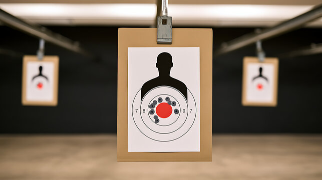 Close up view of a paper target with bullet holes in the center, set up at an indoor shooting range for practice