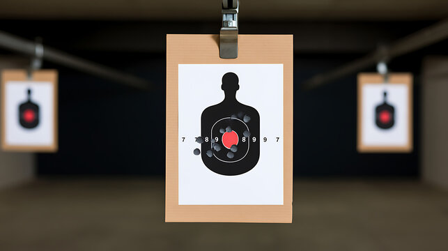 Silhouette target with multiple bullet holes, indicating practice and accuracy, in an indoor shooting range environment