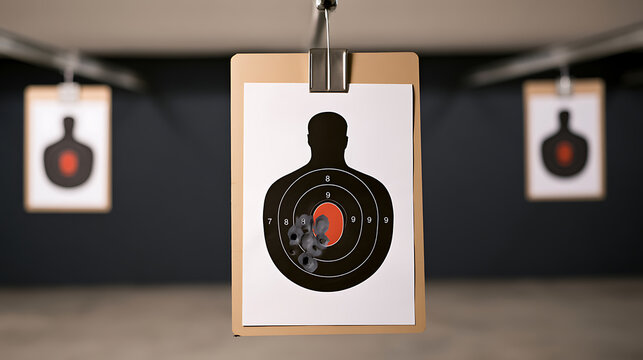 Close-up of a paper human silhouette target with bullet holes in the bullseye at an indoor range facility