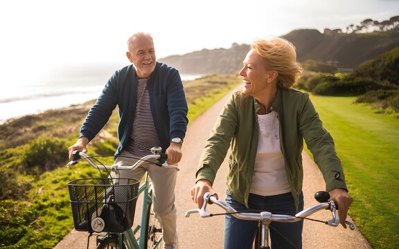 Senior couple riding bicycles together along coastal path during sunset