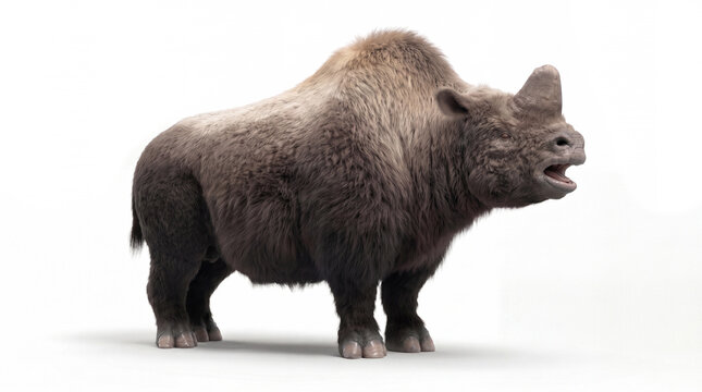 Elasmotherium sibiricum vocalizing, giant prehistoric rhinoceros raising its head and opening its mouth to produce a natural vocal call in an expressive behavior pose on white background