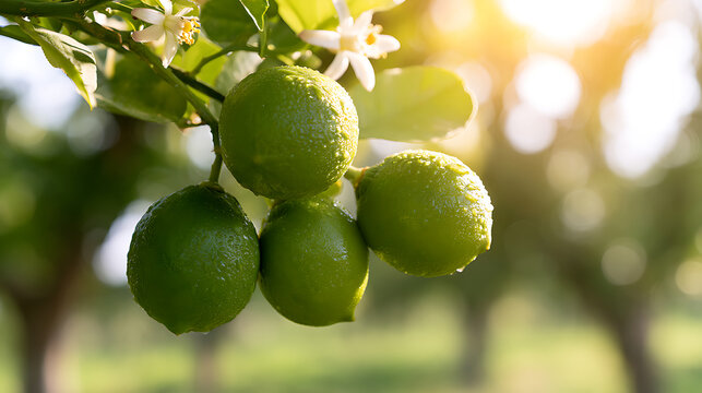 Fresh Citrus Fruits (Citrus aurantiifolia) Drip with Dew on Branch Amidst Lush Green Foliage and Golden Sunlight