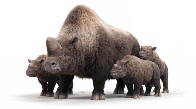 Elasmotherium sibiricum adult with juveniles in a protective stance, giant prehistoric rhinoceros parent standing defensively around its young offspring on white background