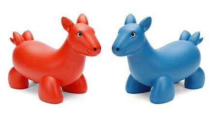 Fototapeta premium Two bright and colorful inflatable bouncing horses, one red and one blue, isolated on a clean white background