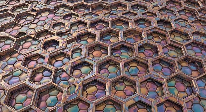 Iridescent metallic hexagonal grid pattern with dimensional metallic honeycomb