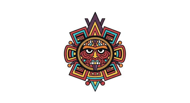 Vibrant Aztec Sun Stone Calendar Glyph with Face, Isolated on White Background