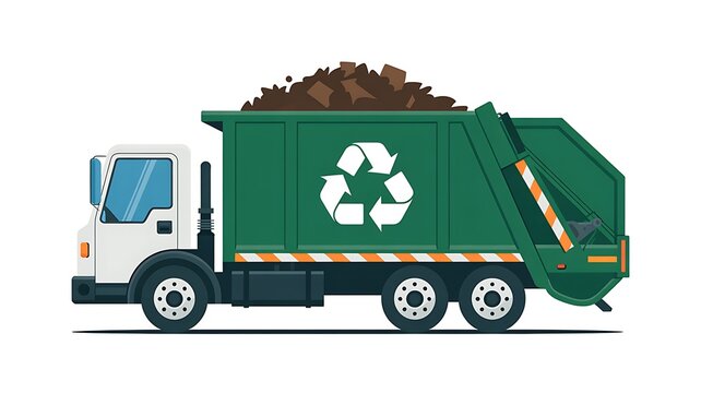 Green garbage truck collecting waste for recycling